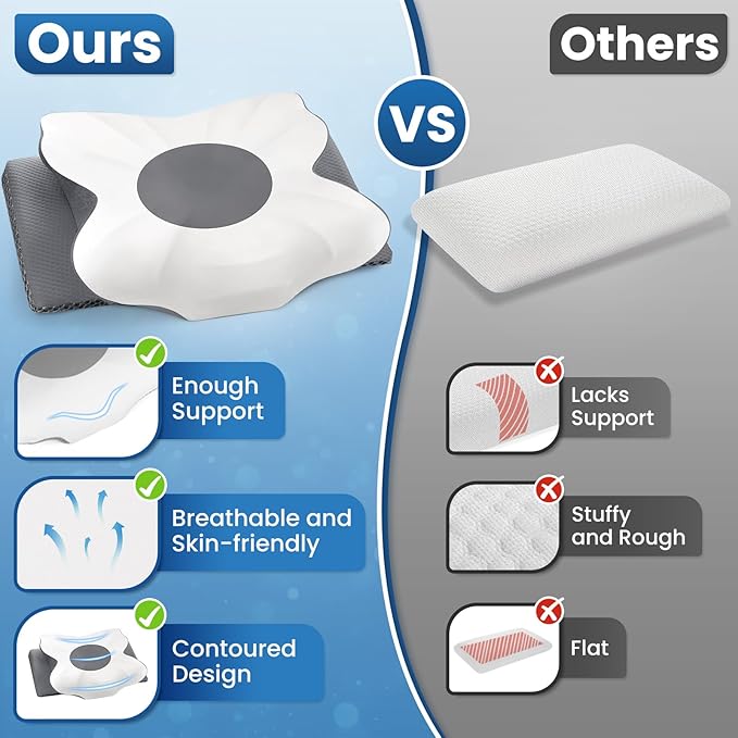 Memory Foam Bed Pillow – Contour Support Pillow for Side & Back Sleepers, Soft Ergonomic Design, Cooling Breathable Cover, Removable Washable Case, King Size, Grey