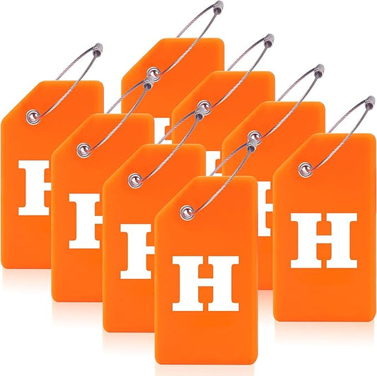 Gostwo 8 Pack Luggage Tags for Suitcases, 26 Initial Letter Travel Luggage Baggage Identification Labels ID Tags Fully Bendable Tags with Stainless Steel Loop (Letter H, Orange)