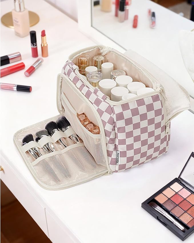 Narwey Checkered Travel Toiletry Bag for Women Large Makeup Bag, Wide-open Cosmetic Make Up Organizer with Handle, Travel Bag for Toiletries, Essentials, Accessories (Dusty Pink Checkerboard)