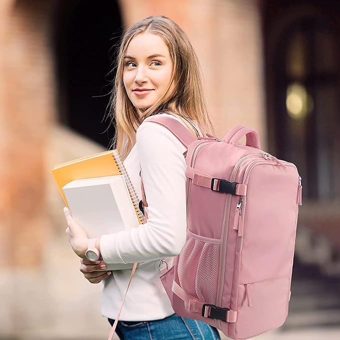 Hanples Carry on Travel Backpack for Women, Large 35L Personal Item Luggage Backpack,17 inch Laptop Backpack TSA Flight Approved, Travel Essentials Casual Daypack with 2 Toiletry Bags (Pink)