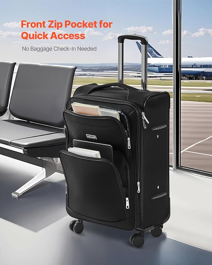 VEVOR Softside Expandable Luggage with Spinner Wheels, 24-Inch Softside Checked Medium Luggage, Lightweight Checked Suitcase with Expandable Zippered Pocket and TSA Lock, Black