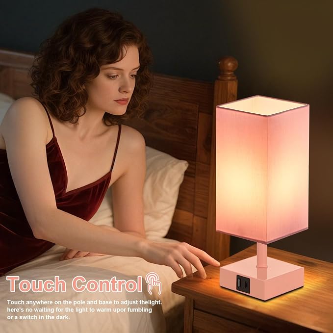 Touch Table Lamp for Bedroom - Dimmable, USB C+A, Pink Lamphade Pink Base | 3-Way Dimmable, 3000K LED Bulb Included, Square Lampshade, Cute Room Decor for Teen Girls, Kids, Small Lamp for Dorm, Nursery
