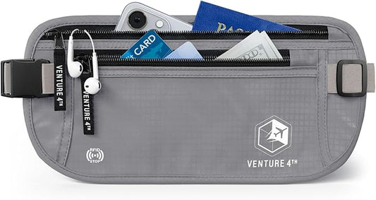 VENTURE 4TH Money Belt for Travel – Hidden Under-Clothes RFID Blocking Passport Holder & Slim Travel Wallet Pouch for Men & Women to Protect Cash, Cards & Documents (Silver)