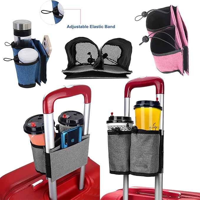 Luggage Cup Holder, Travel Gear, Drink Carrier Hold Two Coffee Mugs, Fits Roll On Suitcase Handles, Travel Accessories, Luggage Cup Holder for Suitcases, Travel Must Haves, Traveling Essentials