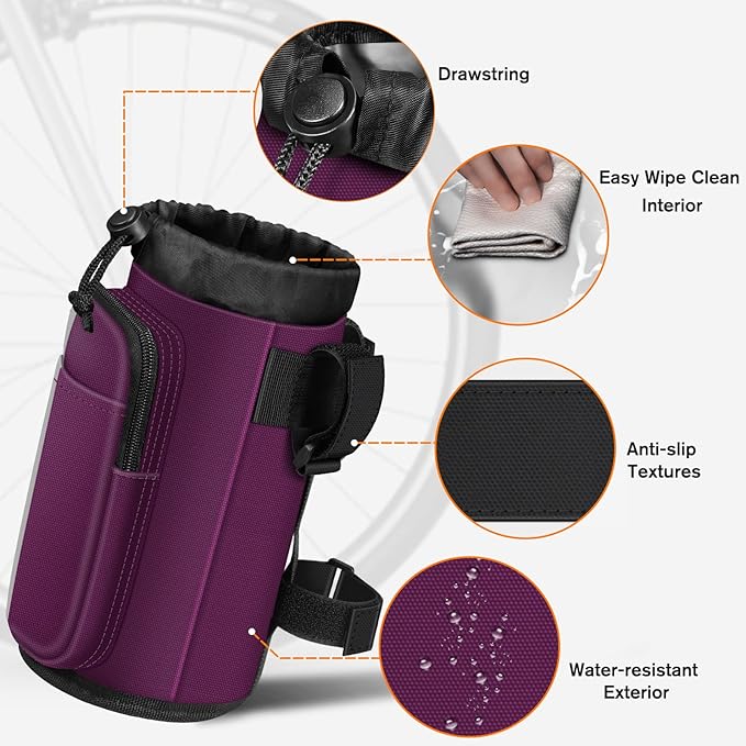 FINPAC Cup Holder for Bike, Universal Water Bottle Holder with Phone Pockets for Stroller Walker Golf Cart Rollator and Scooter, Outdoor, Biking - Purple