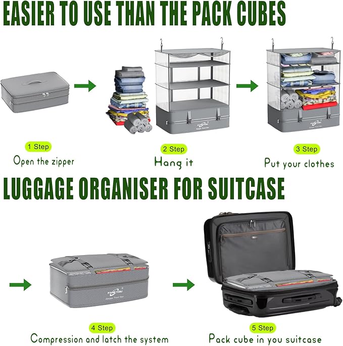 Compressible Packing Cubes Portable Hanging Closet Shelves 17"x12"x24" Extendable Travel Organizer Nylon Packing Bags for Suitcase