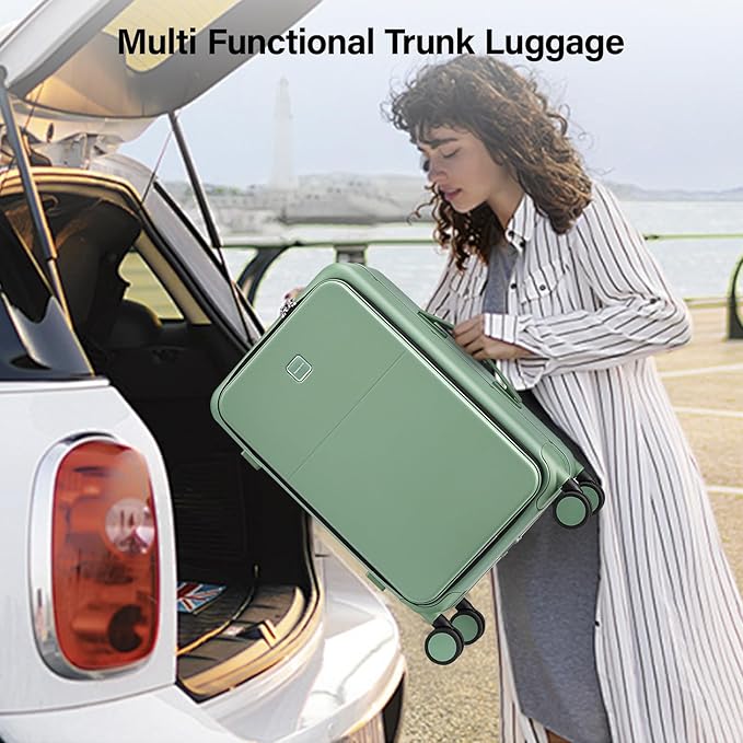 Hanke 28 Inch Luggage with Cup Holder and Charge,Top Opening Hard Shell Suitcases with Wheels and Dividers,Aluminum Frame Trunk Luggage Extra Large Suitcase with Lock for Travel,Forest Green