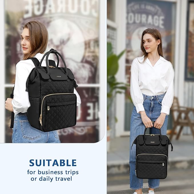 MOSISO Laptop Backpack for Women Men, 15-15.6 inch Rhombus Quilted Flight Approved Travel Backpack with PU Handle, 16 inch Carry on Daypack with USB Port for College Work Business, Black