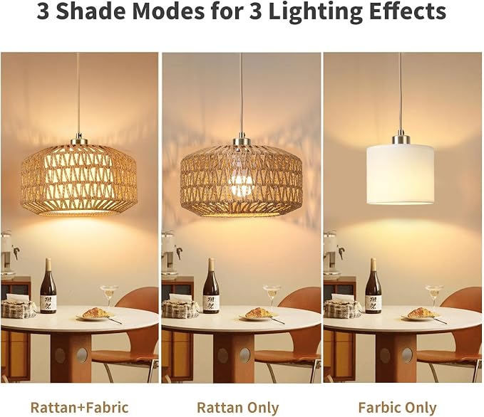Plug in Pendant Light, Rattan Hanging Lights with Plug in Cord | Rattan Woven and Fabric 2 in 1 LampShade, Hanging Lamp Plug in for Bedroom Living Room Kitchen Island (Bulb Included)