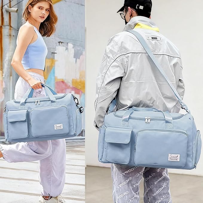 Gym Bag for Women Men, Travel Duffle Bag Large Capacity Carry On Weekender Bag With Shoe Compartment Gym Tote Dry Wet Separation Duffel Bag with Makeup Bag, Blue