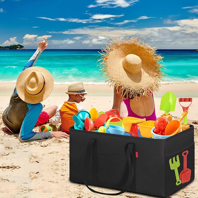 LHZK Standing Extra Large Utility Tote Bag with Metal Wire Frame and the Sides Rinforced, Extra Large Tote Bag with Handle, Reusable Grocery Bags Foldable, Beach Bag, Car Tote (Black, 26''x15''x13'')