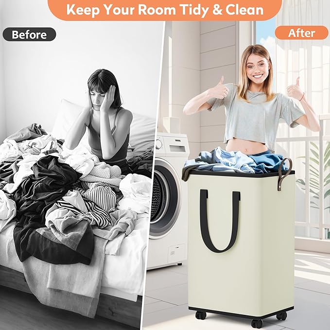 Laundry Basket with Wheels, Collapsible Laundry Baskets, Laundry Hamper with Handles Detachable Wheels, Rolling Laundry Basket, Dirty Clothes Hamper for Bathroom, Dorm, Bedroom, Cream, 100L