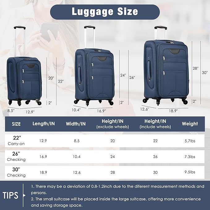 Softside Luggage 3-Piece Set with Duffel Bag, Lightweight Suitcases with Spinner Wheels, TSA Lock & Expandable for Travel, Business Trips, Durable Softshell Travel Luggage Set (Dark Blue)