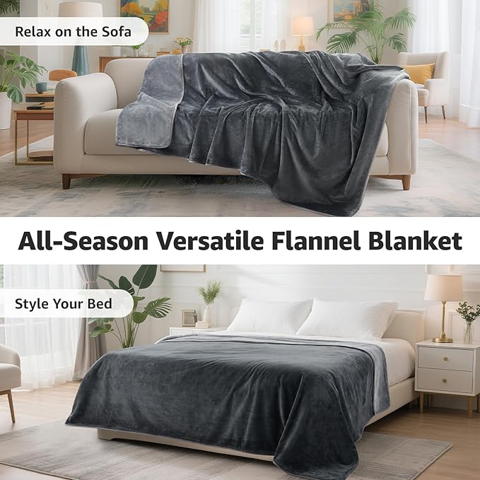 LOOBANI Waterproof Blanket for Bed: Reversible Soft Flannel Twin Bed Blanket 60" x 80", Leakproof Throw Spill-Proof Dog Pet Blanket for Couch, Sofa Protect, Movie Time, Camping, Travel, Grey