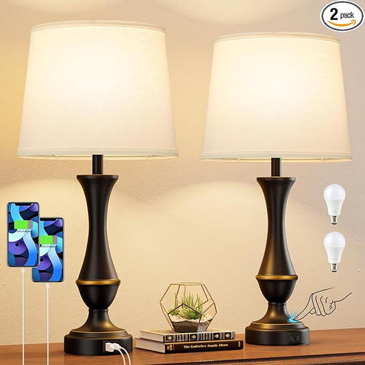Touch Lamps for Nightstand, 3 Way Dimmable Lamps for Bedroom with USB C+A | Touch Control, USB C+A Charging Ports, Table Lamps for Living Room, Night Stands, Bedside, Bedroom, Bulb Included, Black
