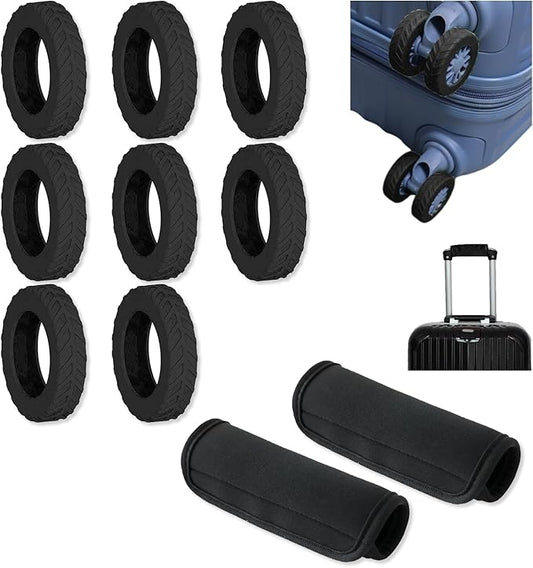 8-Pack Black Luggage Wheel Covers (Fits 2"-2.4" Double Wheels) & 2-Pack Black Handle Wraps - Silicone Tire-Textured Wheel Protectors, Wet-Suit Material Handle Grips for Travel
