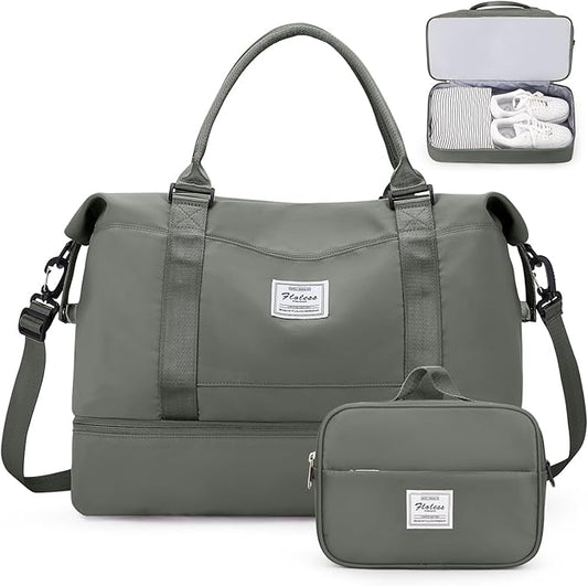 Weekender Bags for Women,Overnight Travel Duffel Bag with Shoes Compartment& Toiletry Bag,Extra Large(Olive Green)