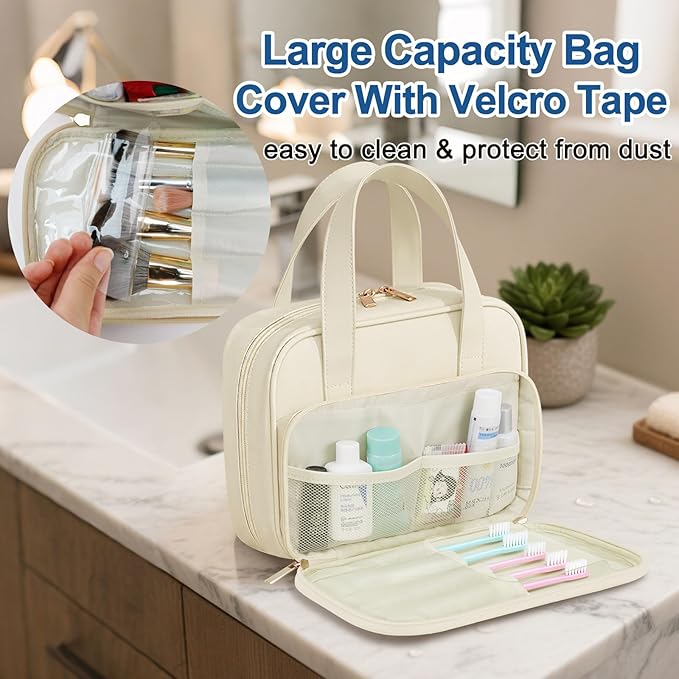 Travel Toiletry Bag, Water-resistant PU Leather Makeup Bag with Multiple Compartments, Large Capacity Makeup Organizer Bag with Handle for Accessories, Essentials, Toiletries, Beige