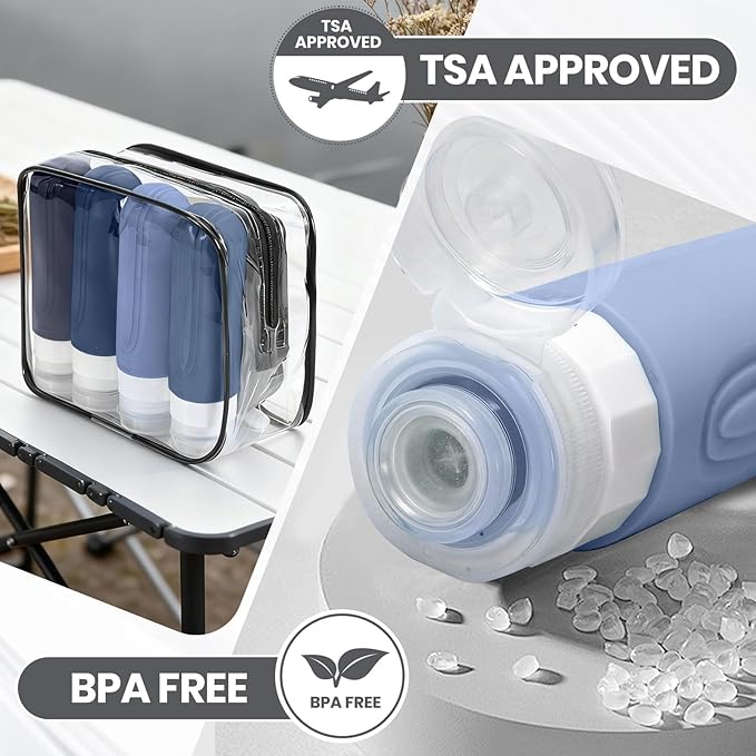 Travel Bottles for Toiletries 8 Pack, TSA Approved Travel Size Toiletries Containers Set, 4 Silicone Leak Proof Refillable Bottles and 4 Creams Jars Accessories Kit W/Clear Bag (BLUE)