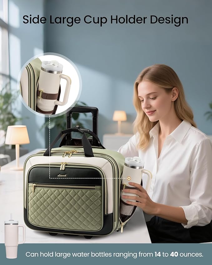 LOVEVOOK Rolling Laptop Bag Women, 17.3 Inch Laptop Briefcase with Wheels for Work Travel Business, Underseat Carry On Luggage Case,Green-Beige