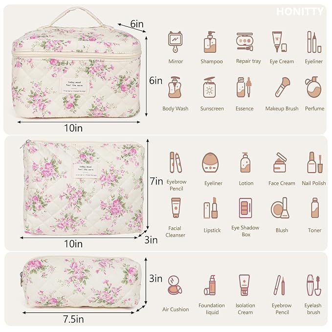 Makeup Bag,Quilted Cosmetic Bags,Large Floral Make Up Organize bag,Makeup Bag Set for Women,Flower Travel Toiletry Bag