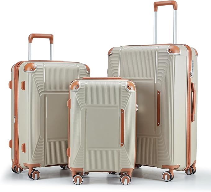 3 Piece Luggage Set PP Hardshell with YKK Zippers, 20/24/28 Inch Suitcases with Detachable Spinner Wheels & Reinforced Corner Guards, Lightweight TSA Lock Nested Set (Light Khaki)