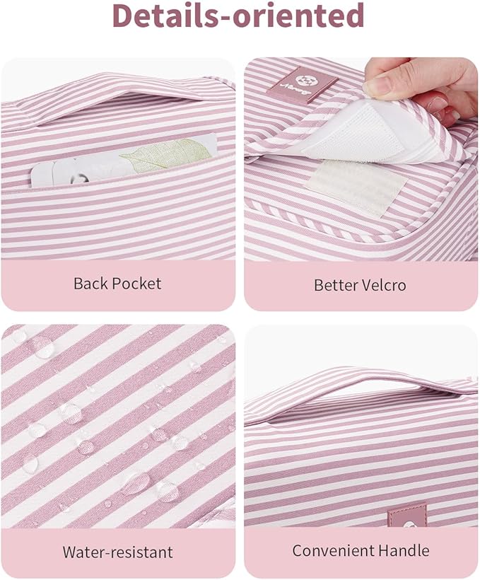 Narwey Small Hanging Toiletry Bag for Travel Women Girl, Striped Toiletries Travel Bag with Hook, Hanging Makeup Bag Organizer Make Up Cosmetic Bags (Dusty Pink Stripe)