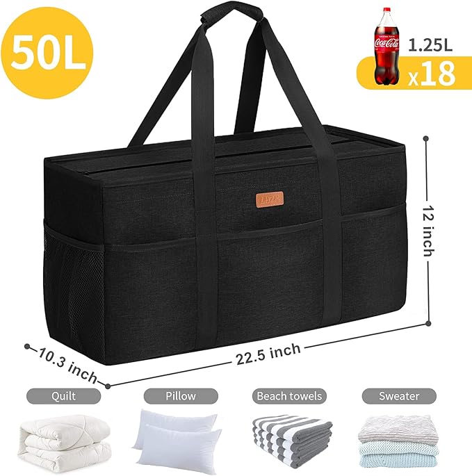 LHZK Stand Up Extra Large Utility Tote Bag with Lid, Utility Tote Bag with Metal Wire Frame and the Sides Rinforced, Reusable Grocery Bags Foldable, Beach Bag, Car Tote (Black)