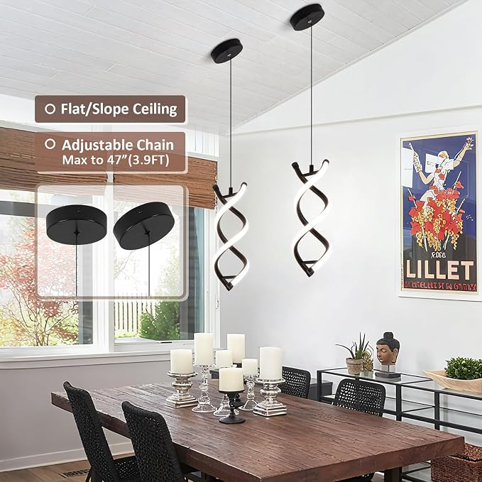 CANEOE Spiral Modern Led Pendant Light,3000K-6000K Dimmable Black LED Hanging Lamp, Adjustable Height Kitchen Island Light Fixture for Dining Room Bedroom Kitchen Sink (Black, Dimmable,3 Packs)