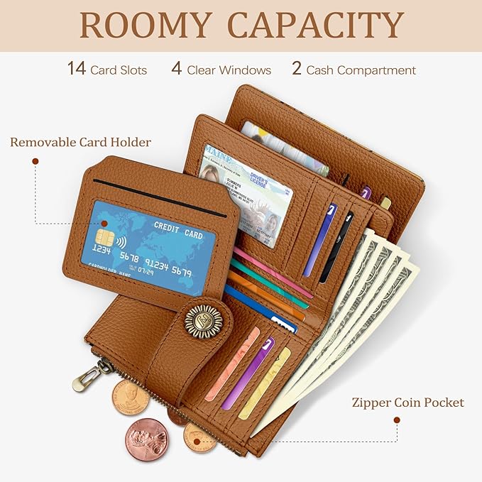Icycay Highland Cow Small Wallet Women RFID Blocking Bifold, Cute Credit Card Holder, Zipper Coin Pocket, PU Leather, Compact, Travel, 4 ID Window, 14 Card Slots, Cash Purse, Ladies Woman