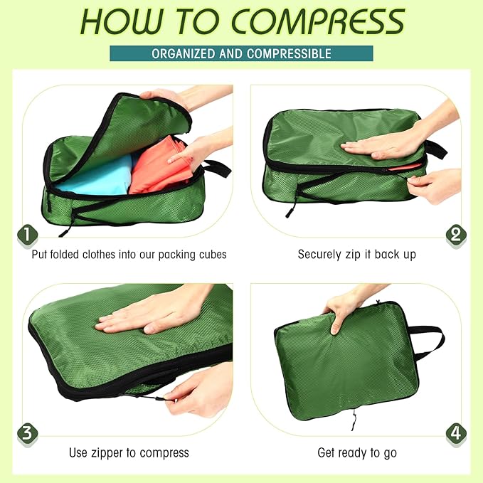 5 Pack Compression Packing Cubes for Travel Space Saving Cubes Luggage Organizer for Suitcase(Green,Mixed)