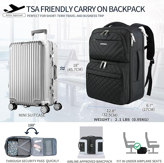 EMPSIGN Travel Backpack for Women, Large Carry On Backpack Airline Approved Personal Item, 17 inch TSA Friendly Laptop Backpack with USB Port, Casual Daypack for Weekender Business Hiking, Black
