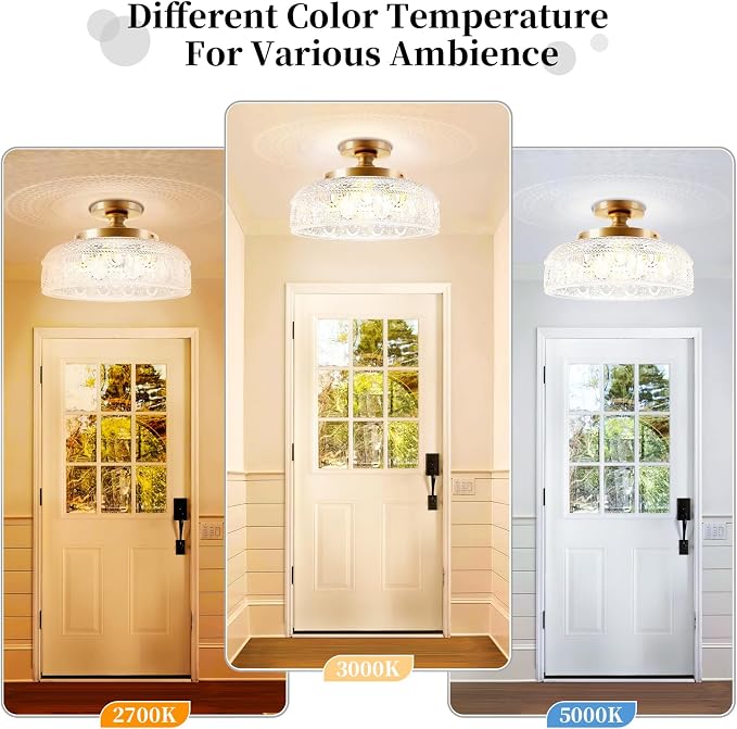 Lamomo Semi Flush Mount Ceiling Light, Upgraded Larger 12 Inch Golden Hallway Light Fixture, 3 Light Globe Glass Close to Ceiling Scone,Indoor Hanging Light for Bedroom Kitchen Porch Hallway