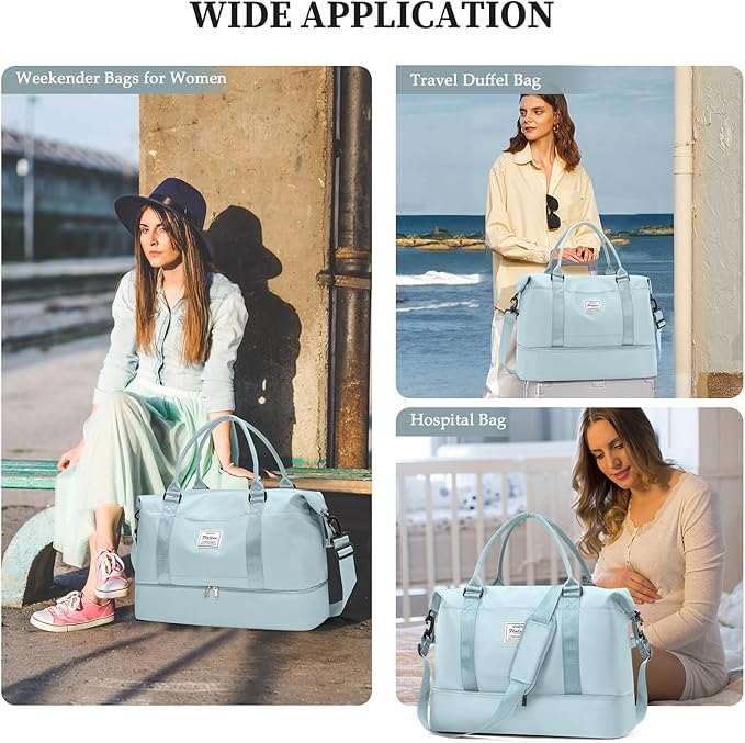 Weekender Bags for Women,Carry On Overnight Travel Duffel Bag with Shoes Compartment & Toiletry Bag,Extra Large,Light Blue