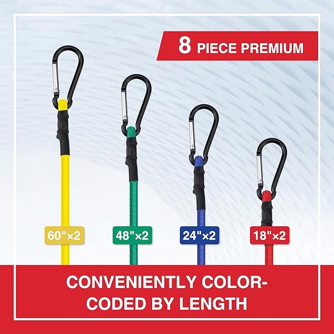 WORKPRO Bungee Cords Heavy Duty Outdoor - 8 PCS Bungee Cords with Hooks in a Storage Bag Includes 18", 24", 48", 60" Bungie Cord Bundle Assortment with Metal Hook, Bungee Straps