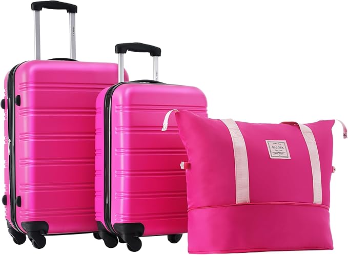 Merax Luggage Sets 2 Piece Expandable Hardside Luggage with Travel Bag Suitcase Set with Spinner Wheels(20+24+bag,Pink-1)