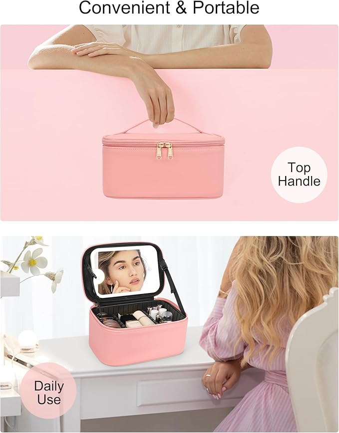 Makeup Bag With LED Mirror, Travel Makeup Bag With 3 Color Setting Light Up Mirror Cosmetic Makeup Organizer Vanity Case for Women Beauty Tools Accessories Rechargeable Makeup Travel Bag - Pink