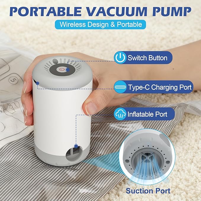 Travel Vacuum Storage Bags with Rechargeable Air Pump, 15 Pack Portable Space Saver Bags, Compression Bags for Clothing, Bedding, Seasonal Storage & Packing Bags for Moving