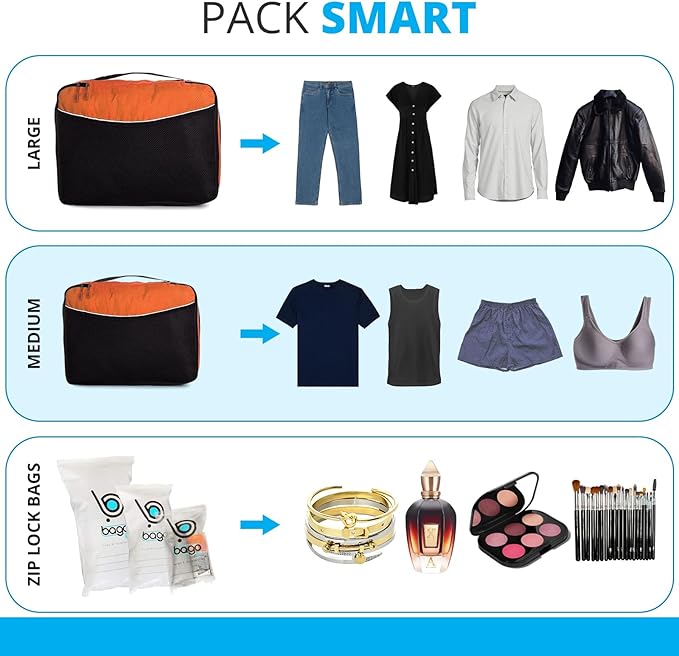 bago 7 Pcs Packing Cubes For Travel - 4 Packing Cube with 3 ZipLock Bags - Travel Cubes to Get Maximum Storage, Save Time & Effort to Pack - Happy Traveling (Orange)