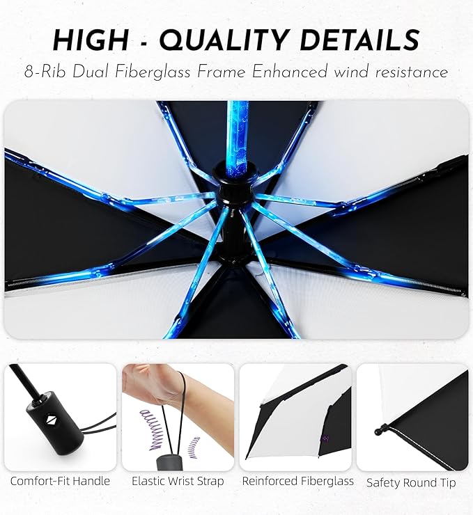 Windproof Travel Umbrella for Rain - 43" Auto Open Close 8-Rib Compact, Stylish Two-Tone Color Block Design, Easy-Close Folding Portable Parasol for Men & Women