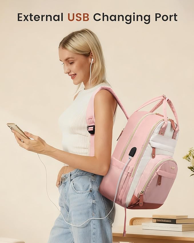 LOVEVOOK Backpack for Women,Laptop Backpack Women,Fits 17 Inch Laptop Bag,School Backpacks,Fashion Travel Work Anti-theft Bag,Waterproof Business Computer College Backpack Purse,Pink-Beige