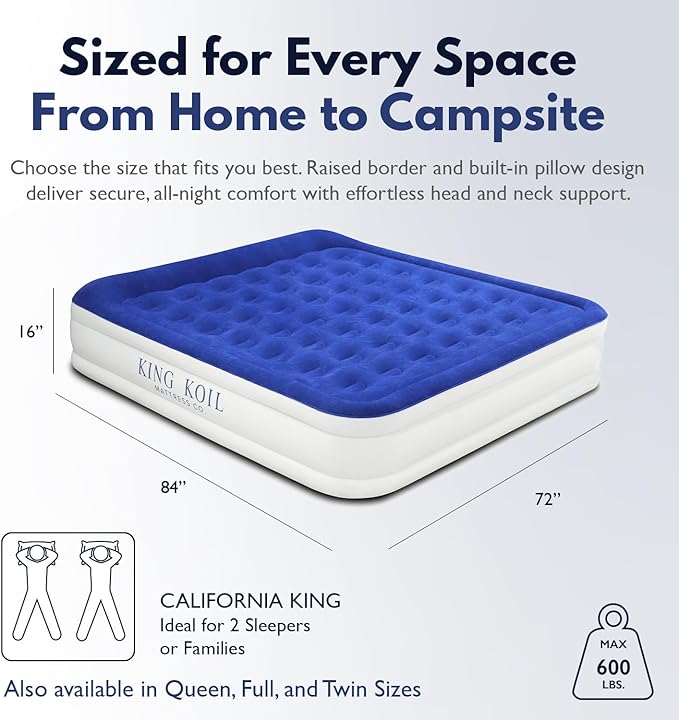 King Koil Luxury Cal King Air Mattress with Built-in Pump for Home, Camping & Guests - King Size Inflatable Airbed Luxury Double High Adjustable Blow Up Mattress, Durable Waterproof & Premium