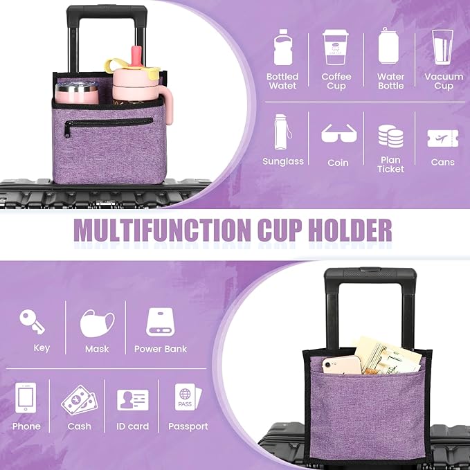 ZHCHG Luggage Travel Cup Holder Attachment for Suitcase Drink Carrier Caddy, Coffee Mug and Tumblers, Traveler Carry on Hands Free Accessory- Gifts for Flight Attendants Travelers Accessories (Purple)