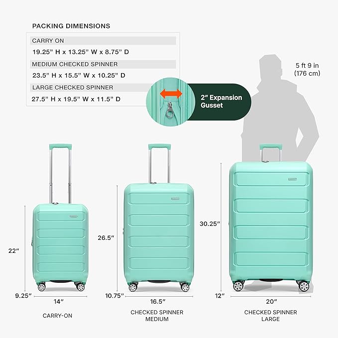 Traveler's Choice Pagosa Hardshell Expandable Luggage with Spinner Wheels, Mint, 3-Piece Set (22/26/30)