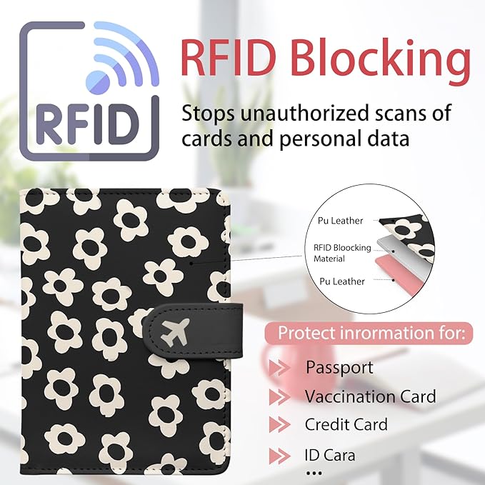Passport Holder, Travel Wallet Cover with Pen Loop | Cute RFID Blocking Leather Case with Magnetic Closure for Travel Essentials-Flower