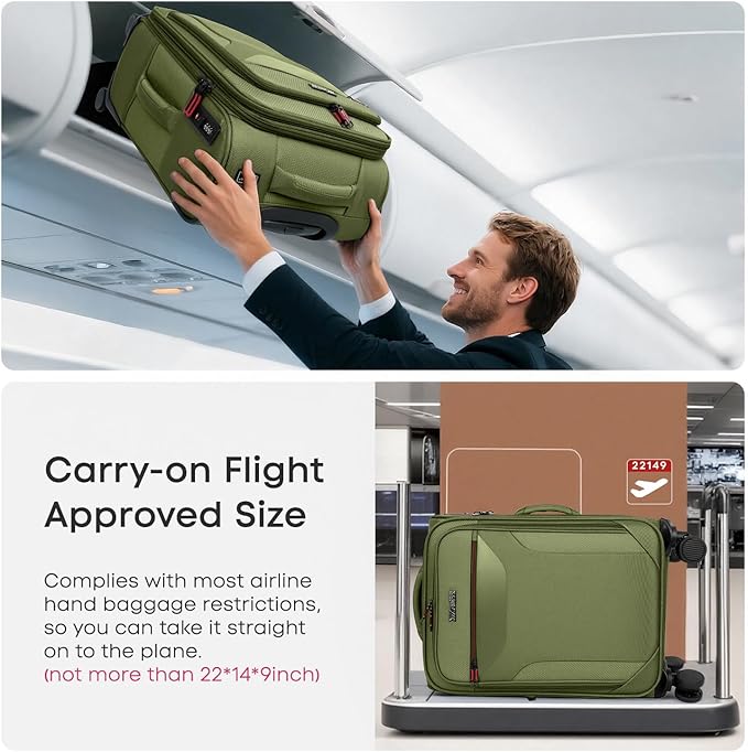 Carry on Luggage 22 X 14 X 9 Airline Approved,22 Inch Softside Suitcases w/TSA LOCK,Lightweight Carry-On Suitcase w/Spinner Wheels,Upright Softshell Luggage for Men/Women（Green,22in）