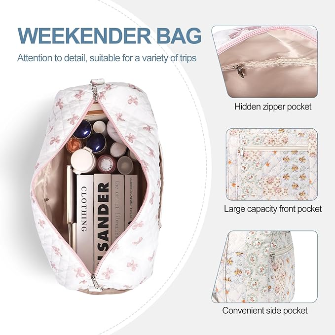 Gym Bag for Women, Cute Duffle Bag, Quilted Duffle Bag for Travel, Floral Duffle Bags, Weekend Bag with Zipper Pocket Dance Bag Organizer