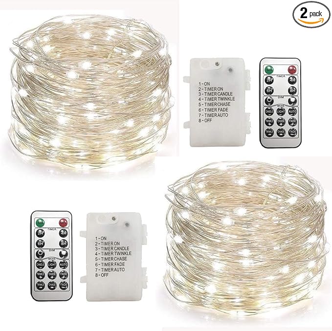 WSgift 2 Pack 20 Feet 60 Cold White Led Fairy Lights Battery Operated with Remote Control Timer Waterproof Silver Copper Wire Twinkle String Lights for Party Bedroom Wedding Christmas Decorations