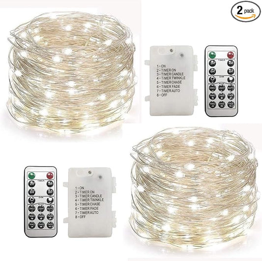 WSgift 2 Pack 20 Feet 60 Cold White Led Fairy Lights Battery Operated with Remote Control Timer Waterproof Silver Copper Wire Twinkle String Lights for Party Bedroom Wedding Christmas Decorations