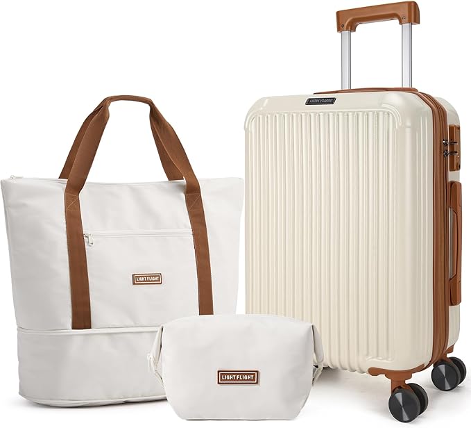 LIGHT FLIGHT 3-Piece Luggage Sets, Expandable Carry On Luggage 22x14x9 Airline Approved, Hardside Carry On Suitcases with Wheels, TSA Lock Travel Luggage Sets, Beige and Brown